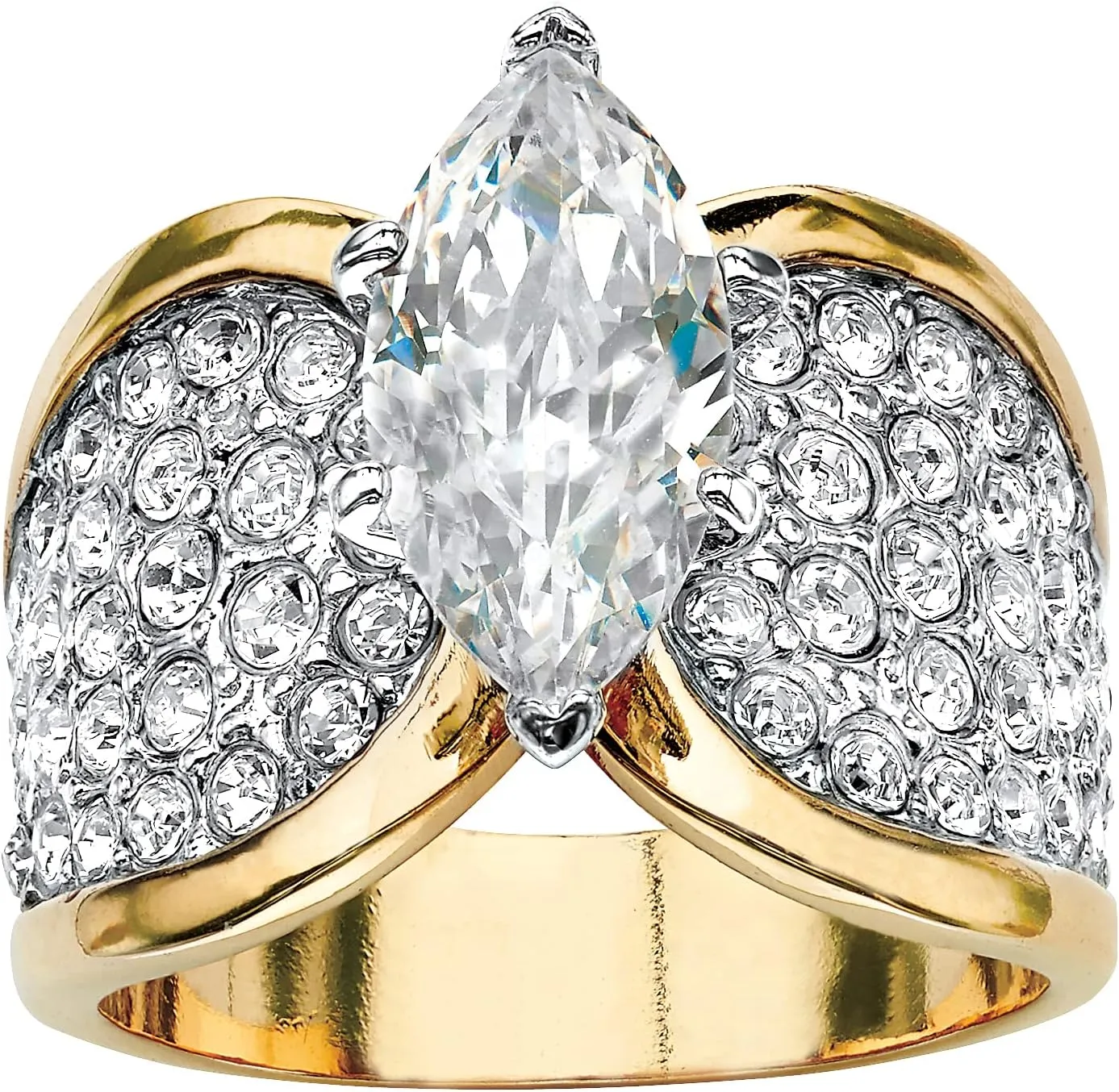 PalmBeach Yellow Gold-Plated Marquise Cut Cubic Zirconia and Round Simulated Crystals Engagement Ring Sizes 7-12
