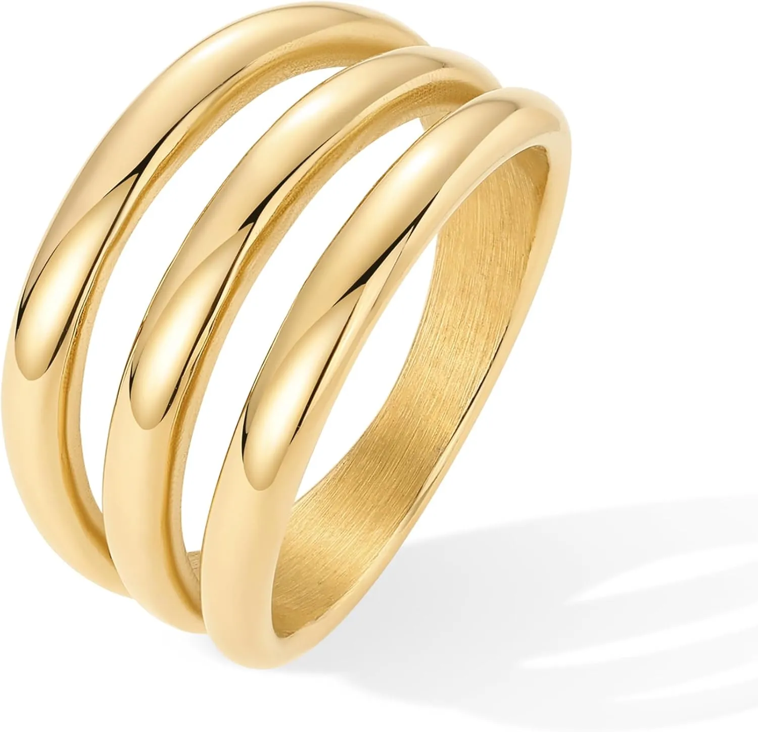 PAVOI 14K Gold Plated Chunky Curved Triple Stackable Ring for Women - Stainless Steel Three in One Statement Rings - Waterproof Thick Multi-Bands