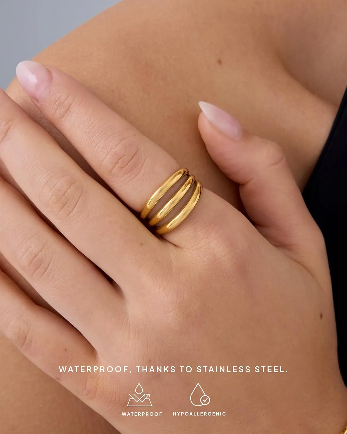 PAVOI 14K Gold Plated Chunky Curved Triple Stackable Ring for Women - Stainless Steel Three in One Statement Rings - Waterproof Thick Multi-Bands