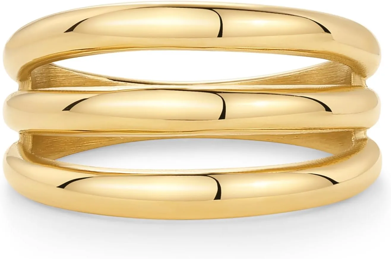 PAVOI 14K Gold Plated Chunky Curved Triple Stackable Ring for Women - Stainless Steel Three in One Statement Rings - Waterproof Thick Multi-Bands