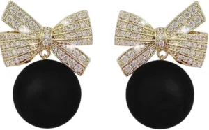 Pearl Bow Earrings Christmas Imitation Pearl Earrings Dainty Rhinestone Pearl Bow Drop Earrings for Women