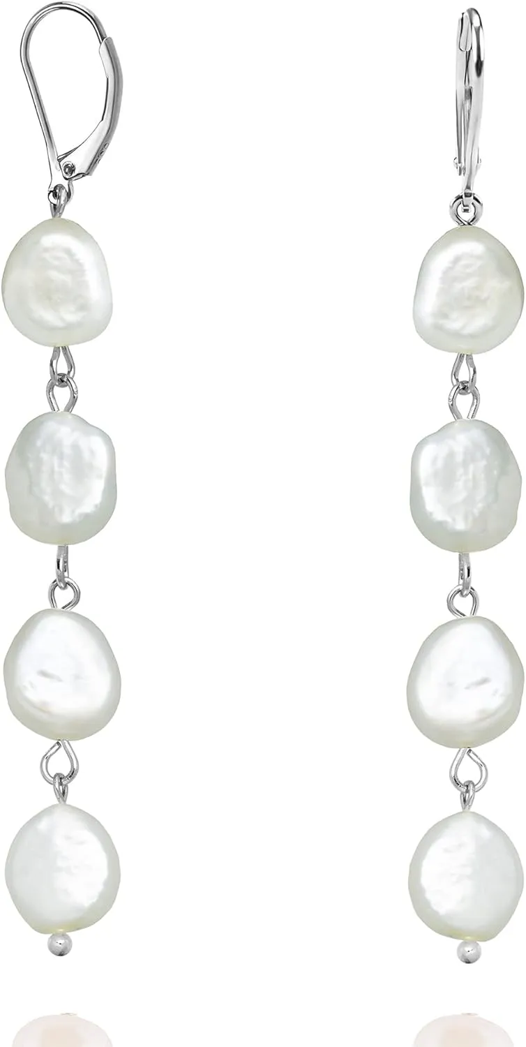 Pearl Dangle Drop Earrings for Women, Long White Pearl with Sterling Silver Post Sensitive Ears,Gold Plated 925 Silver Wedding Earrings Gift