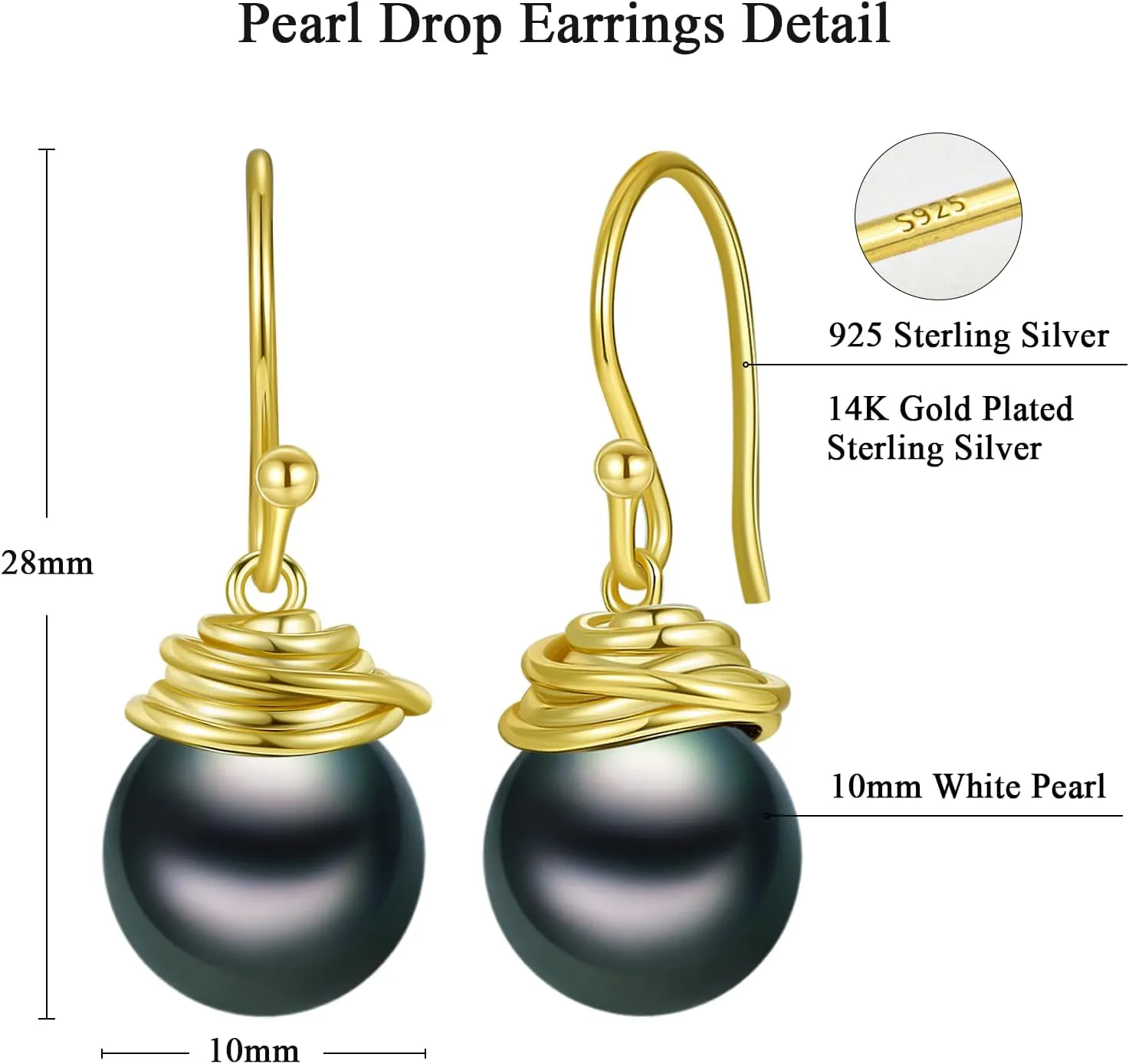Pearl Drop Earrings for Women - 14K Gold Plated/925 Sterling Silver Swirl Dangle Earrings Fish Hook Earrings 10mm White/Black Pearl Wedding Jewelry Gifts for Her