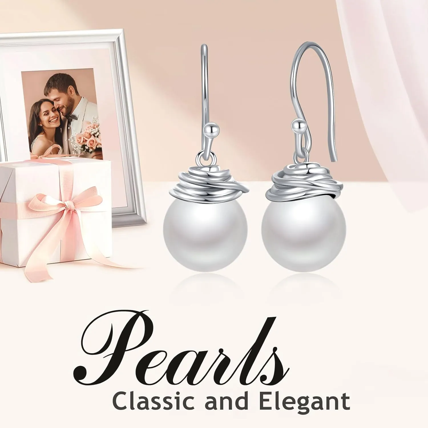 Pearl Drop Earrings for Women - 14K Gold Plated/925 Sterling Silver Swirl Dangle Earrings Fish Hook Earrings 10mm White/Black Pearl Wedding Jewelry Gifts for Her