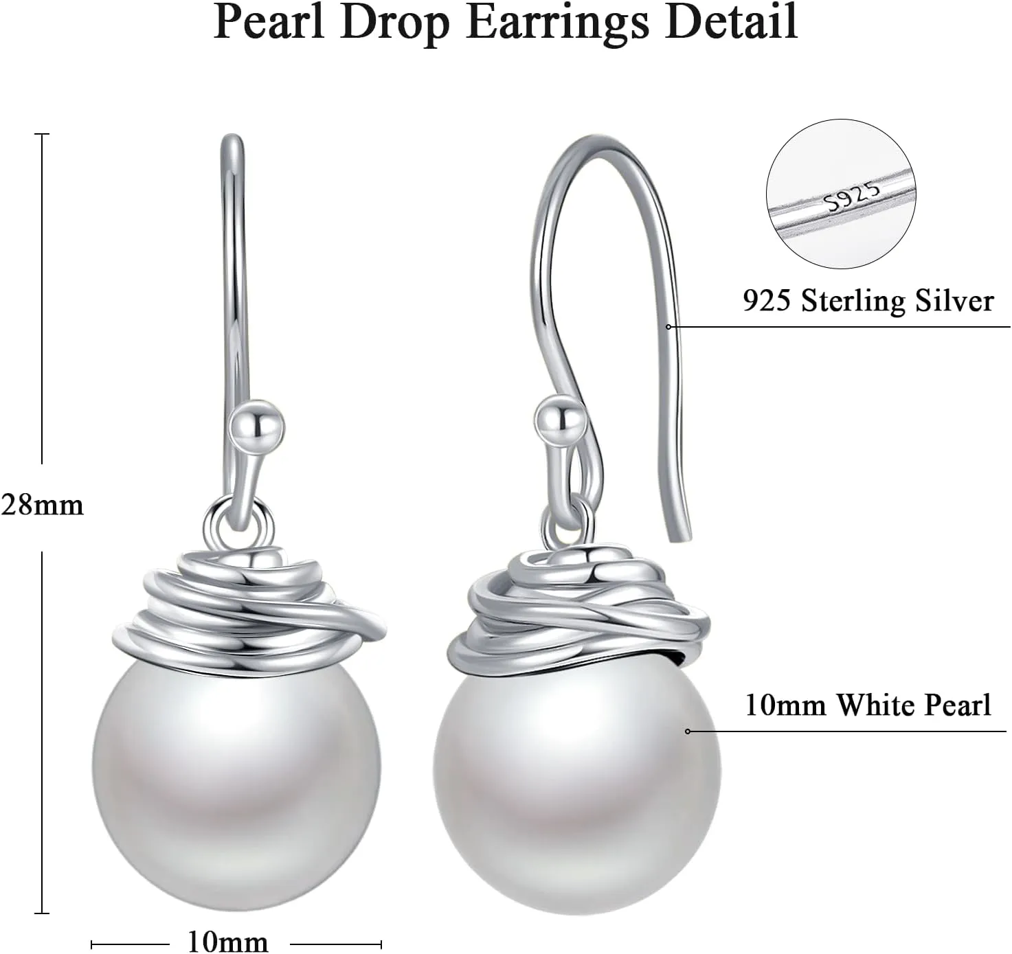 Pearl Drop Earrings for Women - 14K Gold Plated/925 Sterling Silver Swirl Dangle Earrings Fish Hook Earrings 10mm White/Black Pearl Wedding Jewelry Gifts for Her
