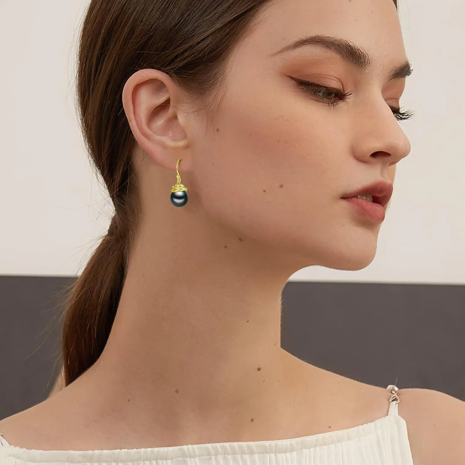 Pearl Drop Earrings for Women - 14K Gold Plated/925 Sterling Silver Swirl Dangle Earrings Fish Hook Earrings 10mm White/Black Pearl Wedding Jewelry Gifts for Her