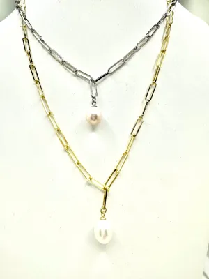 Pearl Drop Paperclip Necklace