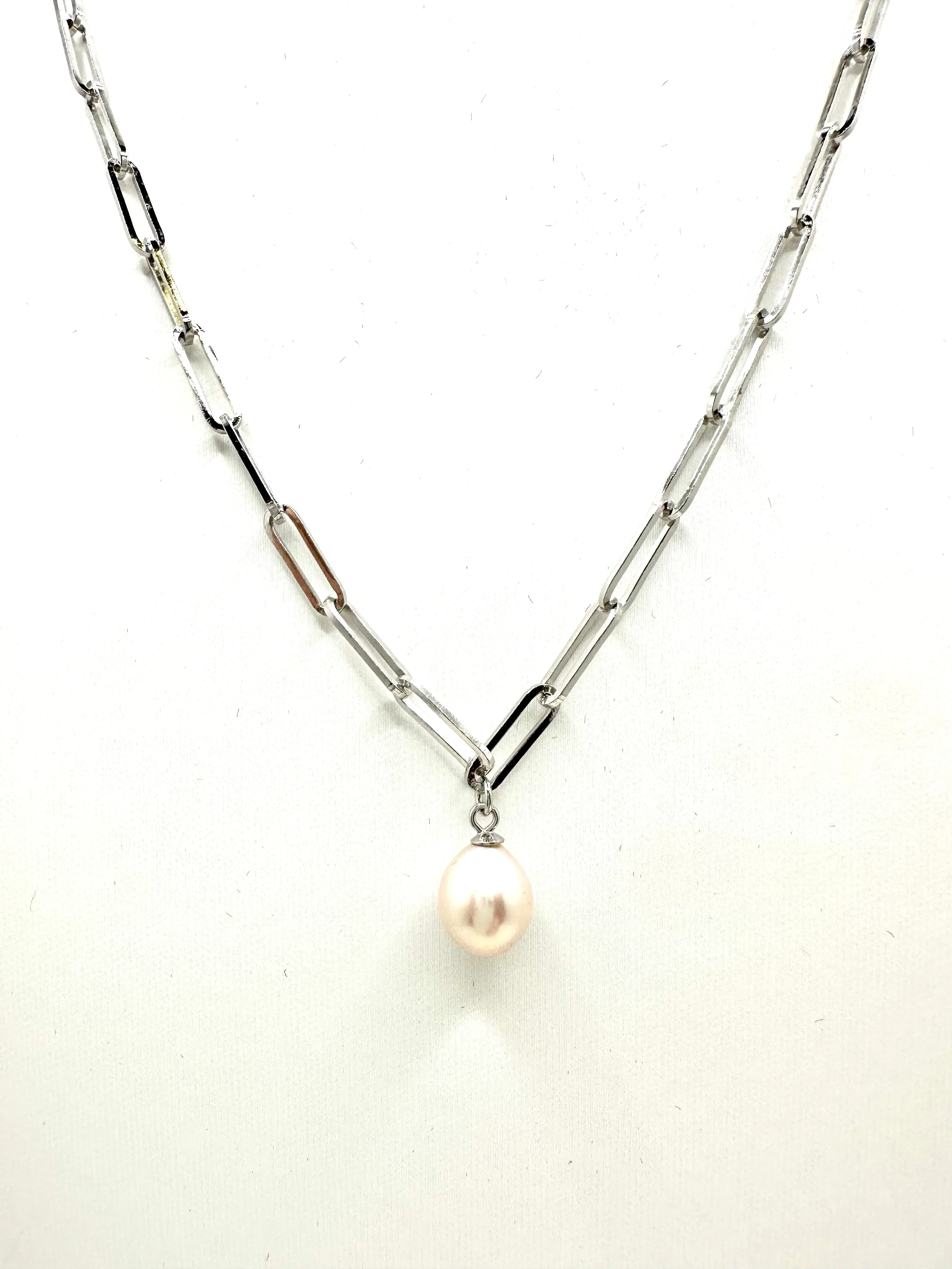 Pearl Drop Paperclip Necklace