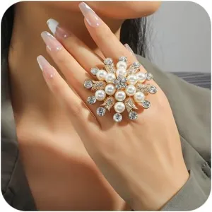 Pearl Finger Ring Vintage Boho Layered CZ Pearl Statement Ring for Women Tiny Bar Pearl Open Cubic Zirconia Statement Pearls Finger Rings Birthday Wedding Jewelry Gift