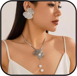Pearl Flower Necklace Earrings Set for Women Gold Chunky Pearl Flower Pendant Necklace Silver Adjustable Pearl Tassel Necklace Large Pearl Flower Statement Earrings Fashion Elegant Jewelry Set