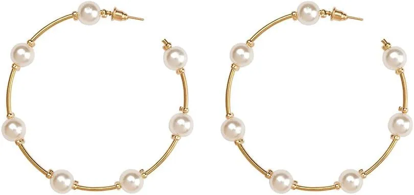 Pearl Hoop Earrings for Women Open Large Pearl Earring Birthday Gift Party Jewelry