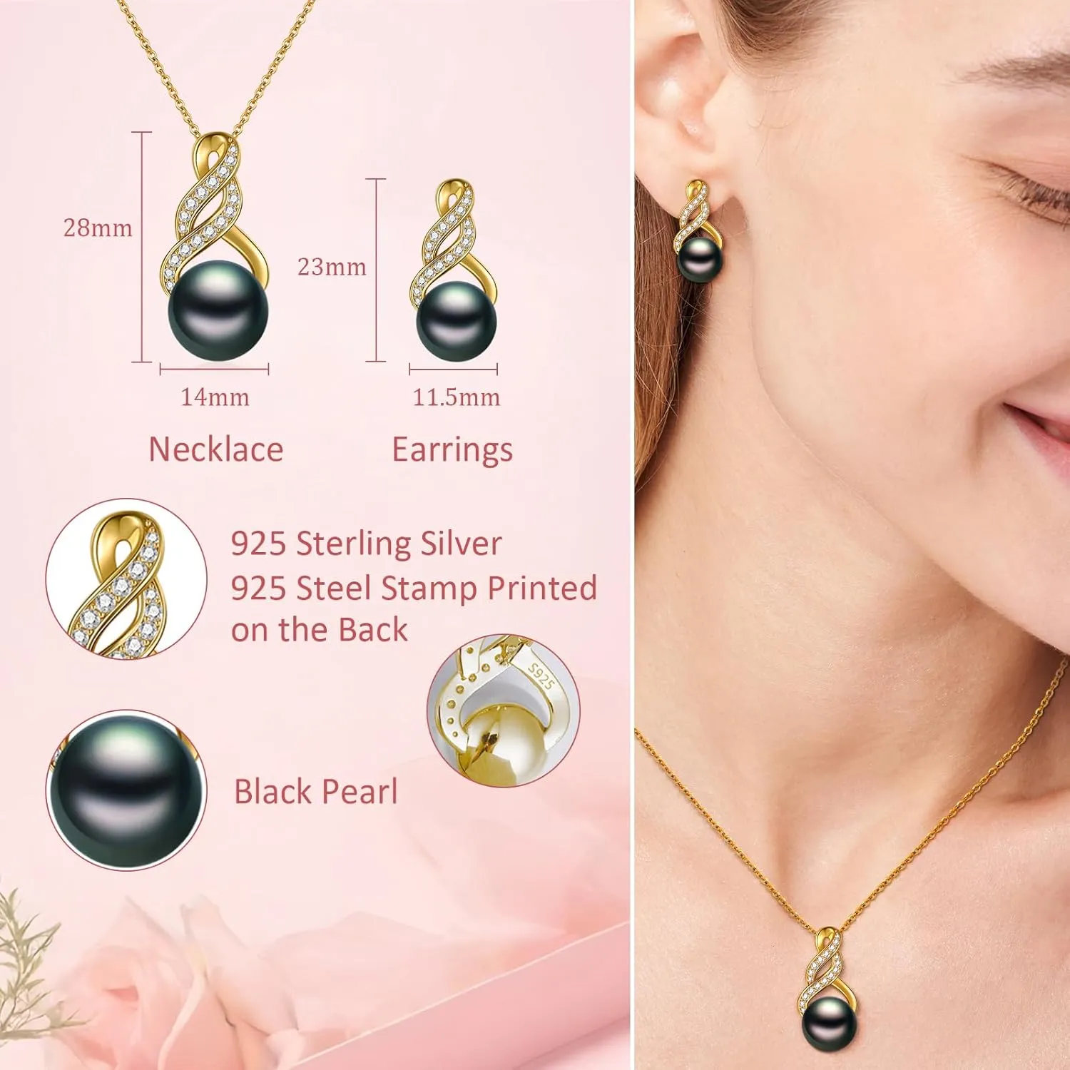 Pearl Necklace and Earring Set for Women - 925 Sterling Silver Pearl Jewelry Set Rhodium/Gold Plated Anniversary Birthday Gifts for Her Packaged in Preserved Rose Box