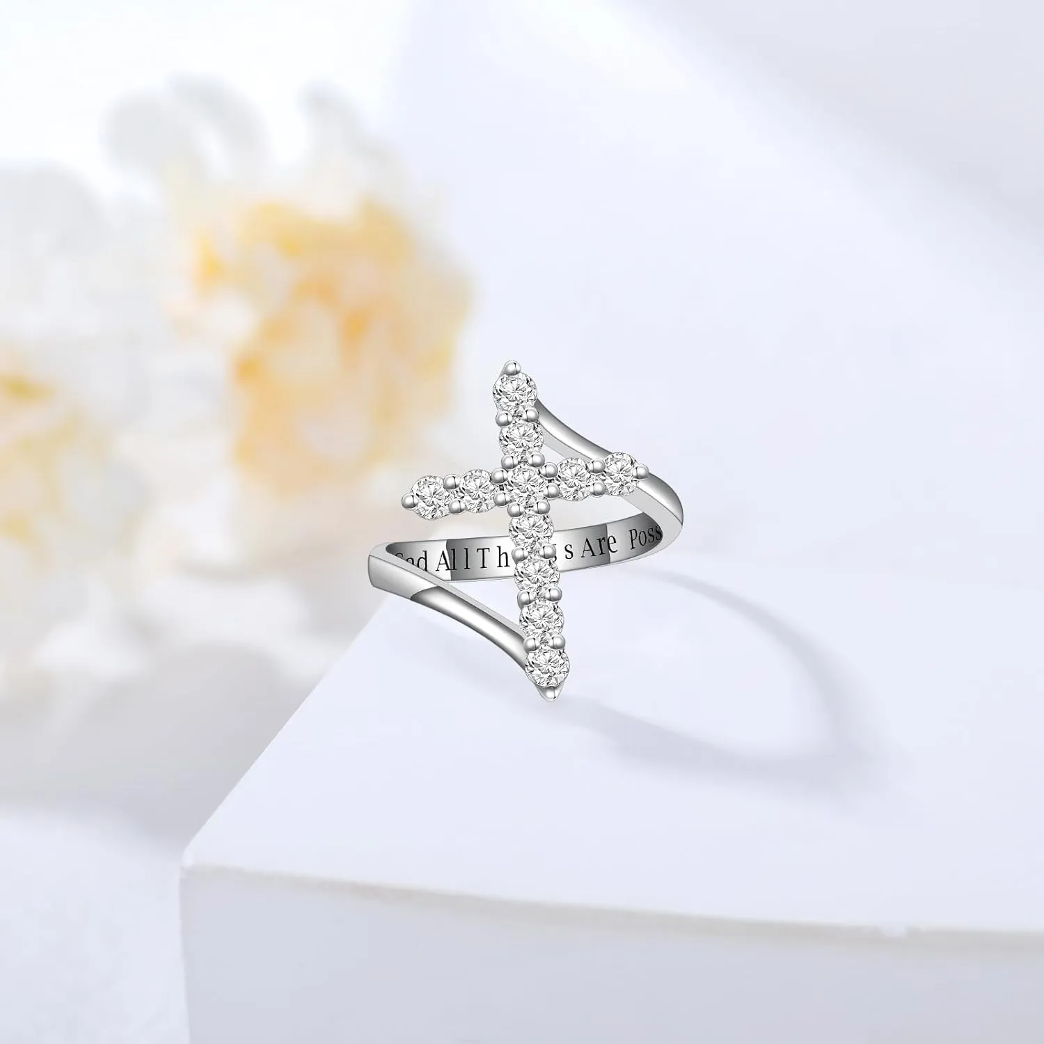 PEIMKO Baptism Gifts Moissanite Cross Ring in 925 Sterling Silver Customizable in Gold Diamond Ring Faith Hope Religious Jewelry With God All Things Are Possible Size 4-18