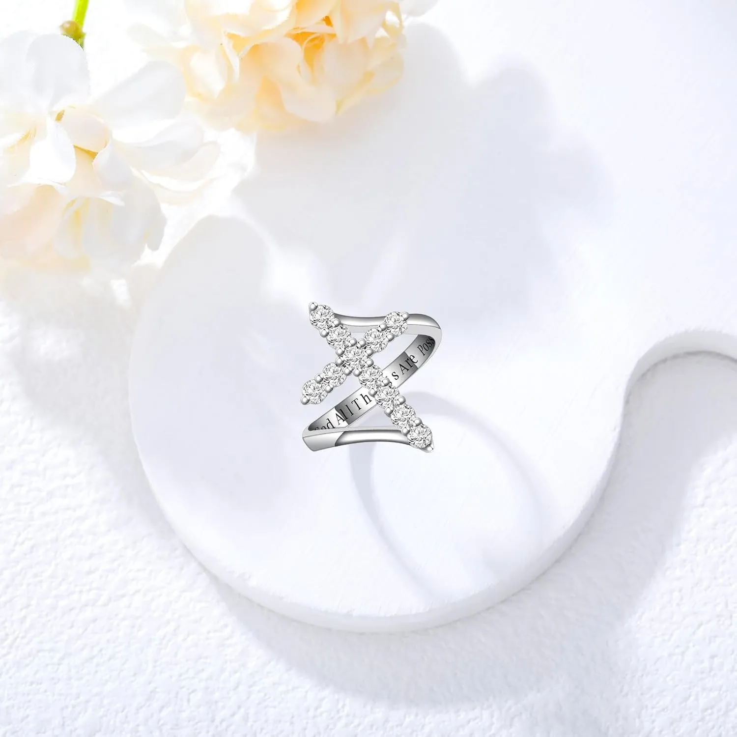 PEIMKO Baptism Gifts Moissanite Cross Ring in 925 Sterling Silver Customizable in Gold Diamond Ring Faith Hope Religious Jewelry With God All Things Are Possible Size 4-18