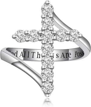 PEIMKO Baptism Gifts Moissanite Cross Ring in 925 Sterling Silver Customizable in Gold Diamond Ring Faith Hope Religious Jewelry With God All Things Are Possible Size 4-18