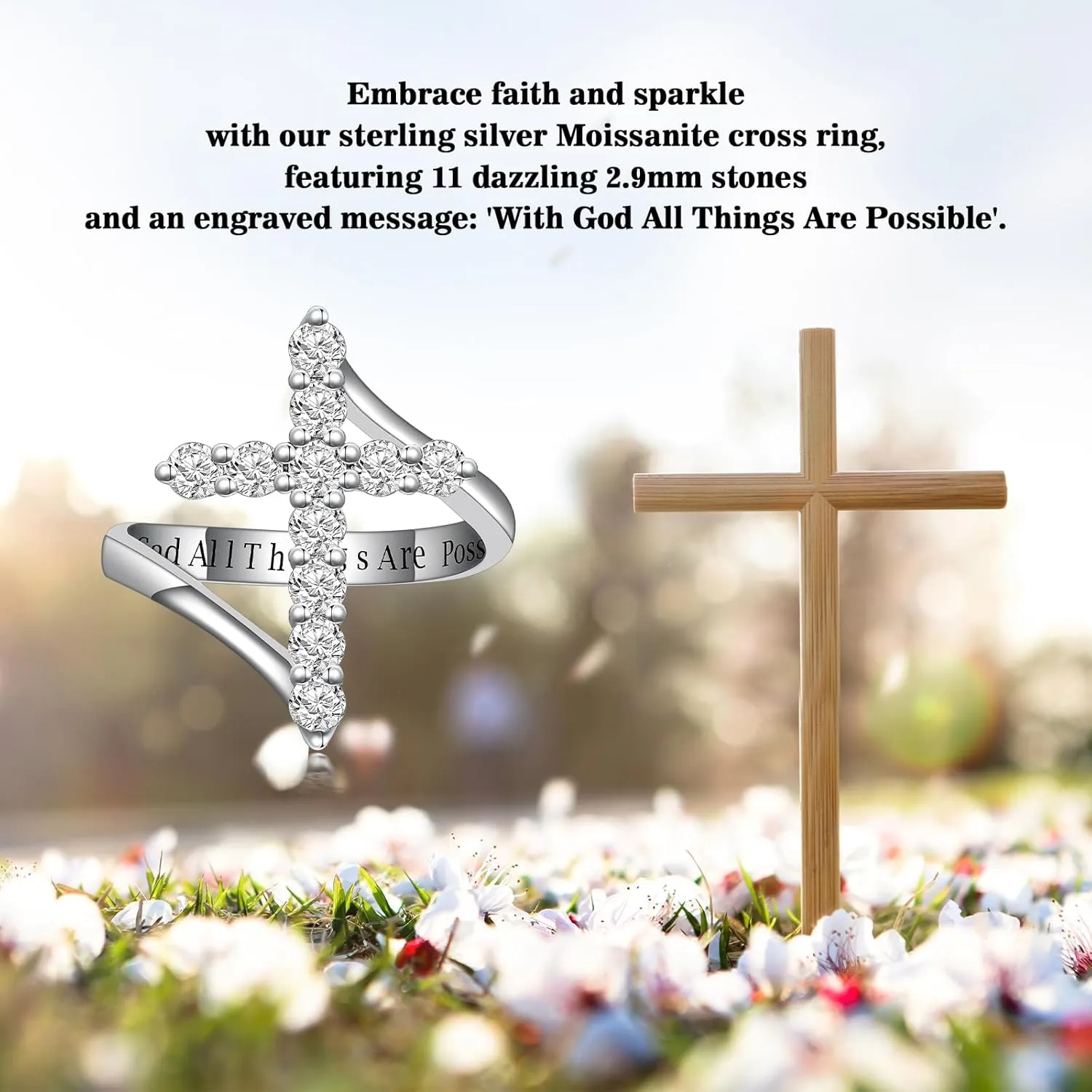 PEIMKO Baptism Gifts Moissanite Cross Ring in 925 Sterling Silver Customizable in Gold Diamond Ring Faith Hope Religious Jewelry With God All Things Are Possible Size 4-18