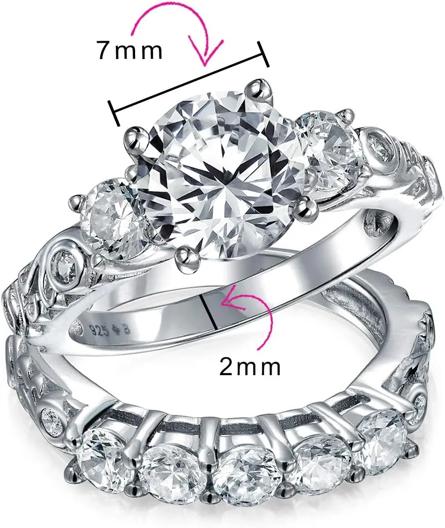 Personalize Art Deco Vintage Style 3CTW Brilliant Round or Square Princess Cut Solitaire 3 Stone Past Present Future AAA CZ Anniversary Set Engagement Ring Band Women 14K Gold Plated Sterling Silver