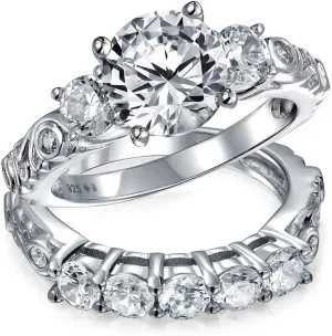 Personalize Art Deco Vintage Style 3CTW Brilliant Round or Square Princess Cut Solitaire 3 Stone Past Present Future AAA CZ Anniversary Set Engagement Ring Band Women 14K Gold Plated Sterling Silver