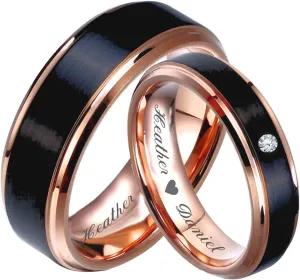 Personalized Rose Gold & Brushed Black Gunmetal Tungsten Ring Set Custom Engraved Free In Any Language - Couple's Ring Set - Wedding Band Set - Ships from USA