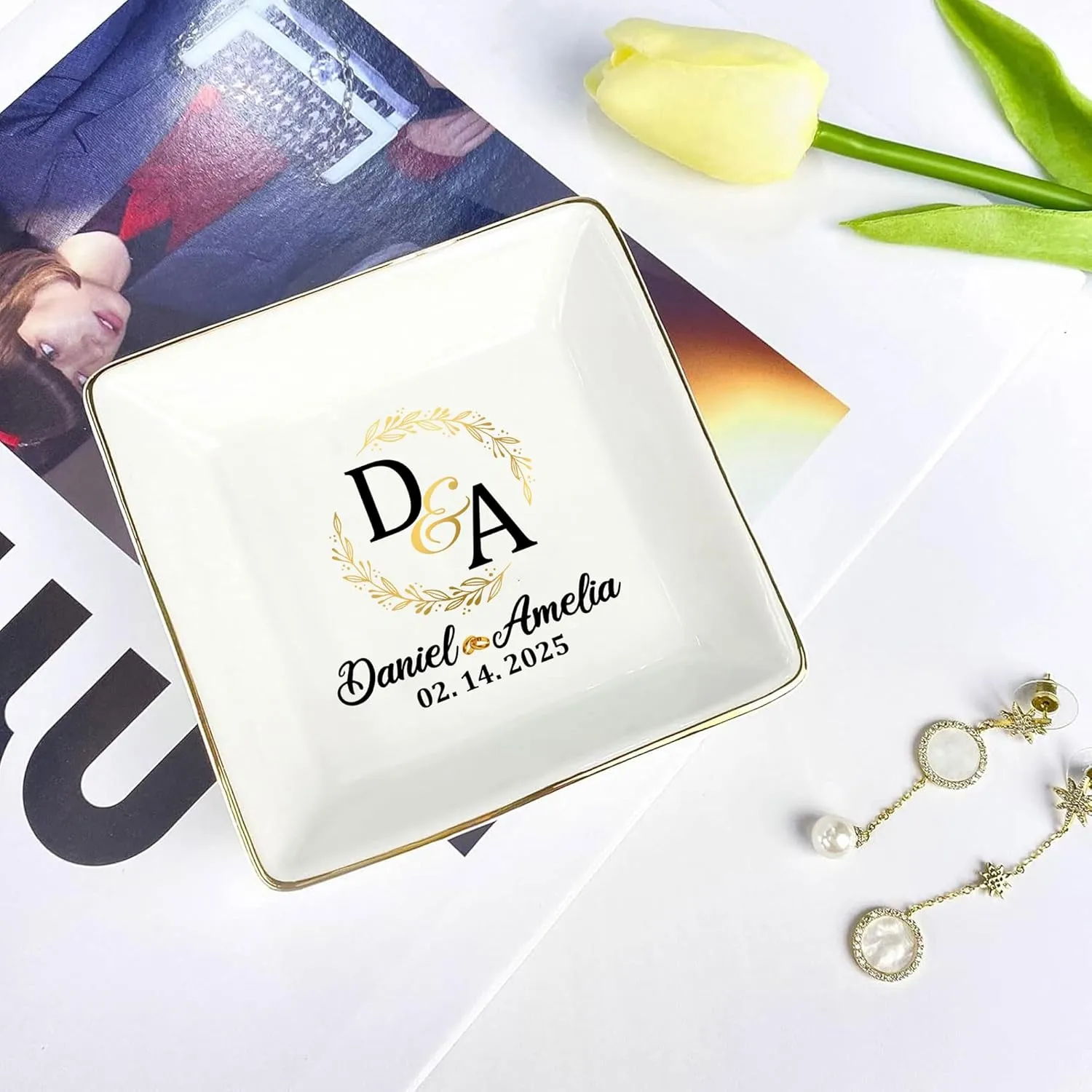 Personalized Wedding Ring Dish Gifts for Couples, Married Jewelry Tray Ring Holder, Wedding Gifts for Women Newlywed Future Bride To be, Engagement Gift for Mr Mrs Wife Husband Him Her