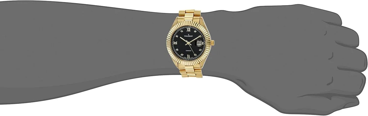 Peugeot 14K Gold Plated Diamond Luxury Dress Watch with Fluted Bezel and Calendar