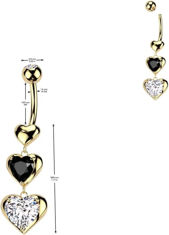 Pierced Owl 14GA 316L Stainless Steel CZ Crystal Triple Heart Dangling Belly Button Ring