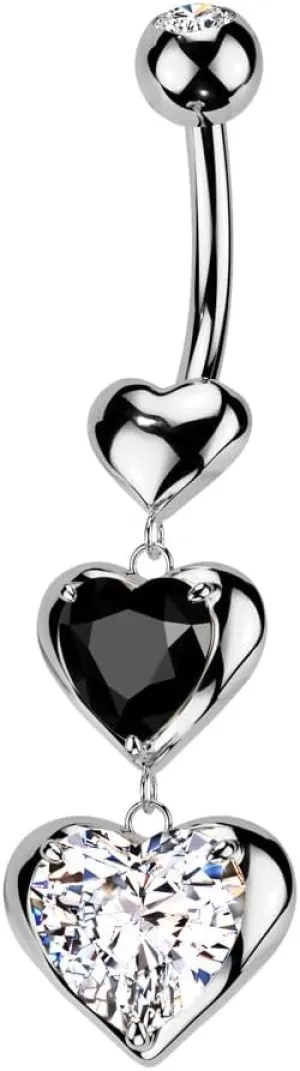Pierced Owl 14GA 316L Stainless Steel CZ Crystal Triple Heart Dangling Belly Button Ring