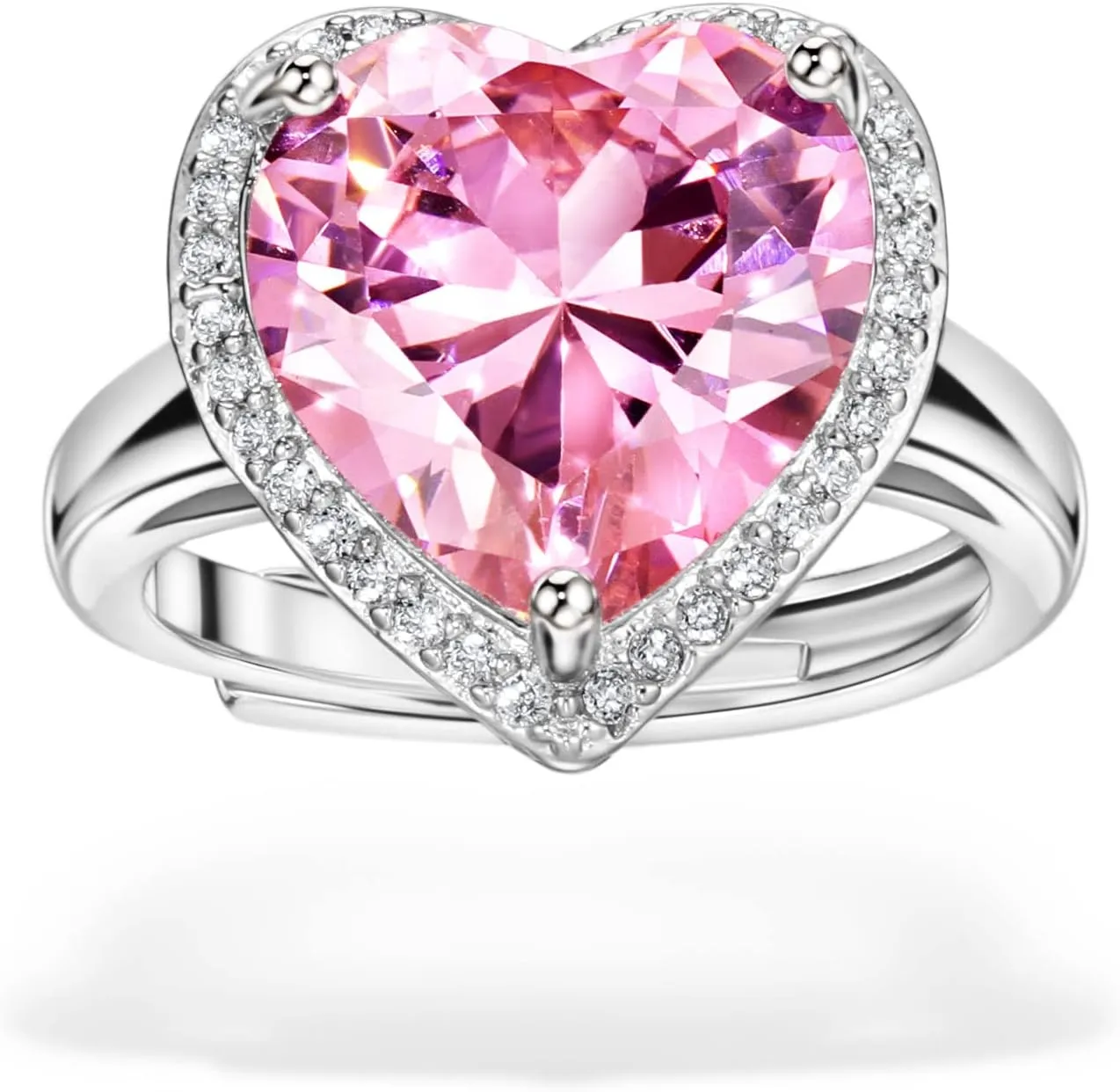 Pink Cubic Zirconia Heart Women's Ring Halo Heart Adjustable Statement Ring for Women