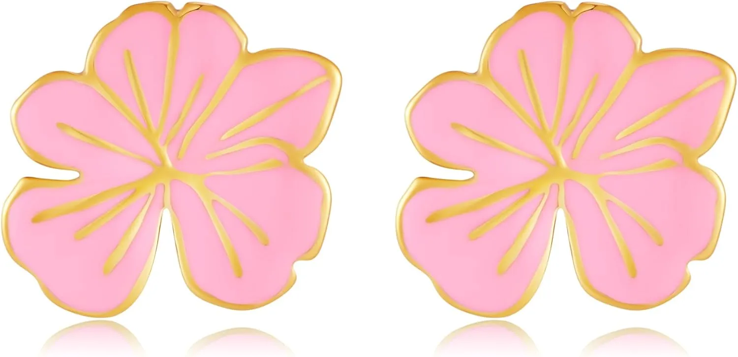 Pink Flower Stud Earrings for Women Hypoallergenic Floral Studs Stainless Steel Cute Plumeria Earrings Cherry Blossom Gold Plated Earrings Elegant Pink Flower Jewelry Dainty Gift Idea