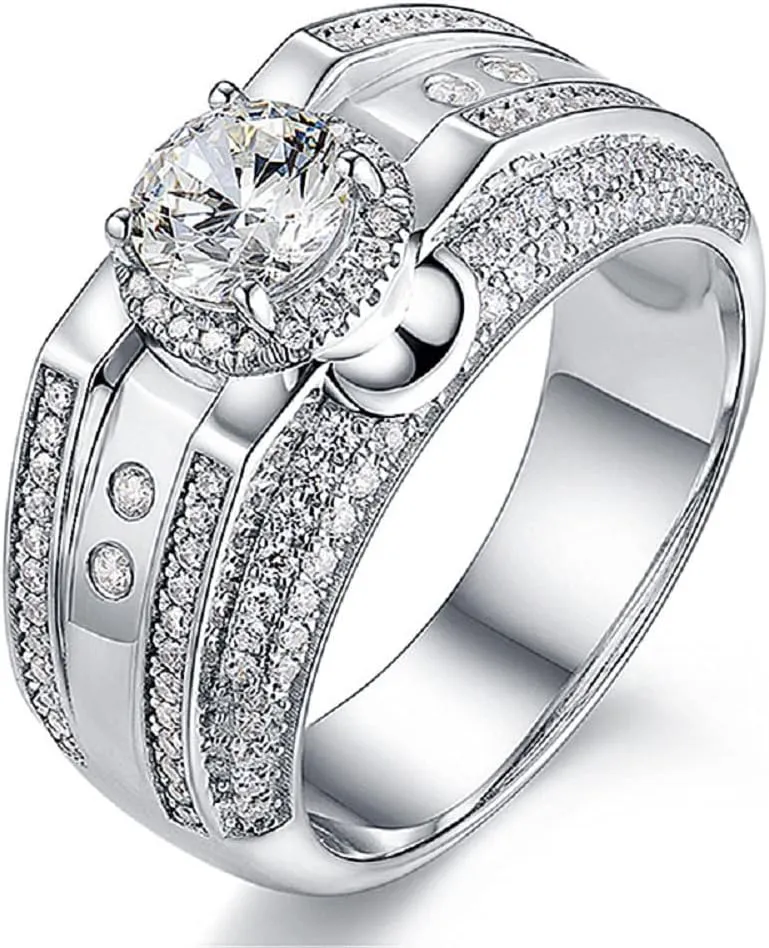 Platinum Moissanite Domineering Trendy Men's Ring, 925 Sterling Silver, White Gold, Modern, Engagement, Adult, One Size, Prong, Halo, White, Round, Eye Clean, Ring