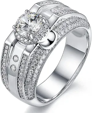 Platinum Moissanite Domineering Trendy Men's Ring, 925 Sterling Silver, White Gold, Modern, Engagement, Adult, One Size, Prong, Halo, White, Round, Eye Clean, Ring