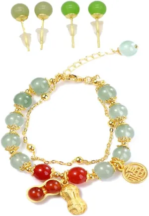 Pokinge Green Jade Bead Earrings Bracelet Set 1pc Green Jade Bracelet 2 Pairs Jade Bead Ear Studs Chinese Jewelry Gift For Girlfriend Mother Grandma