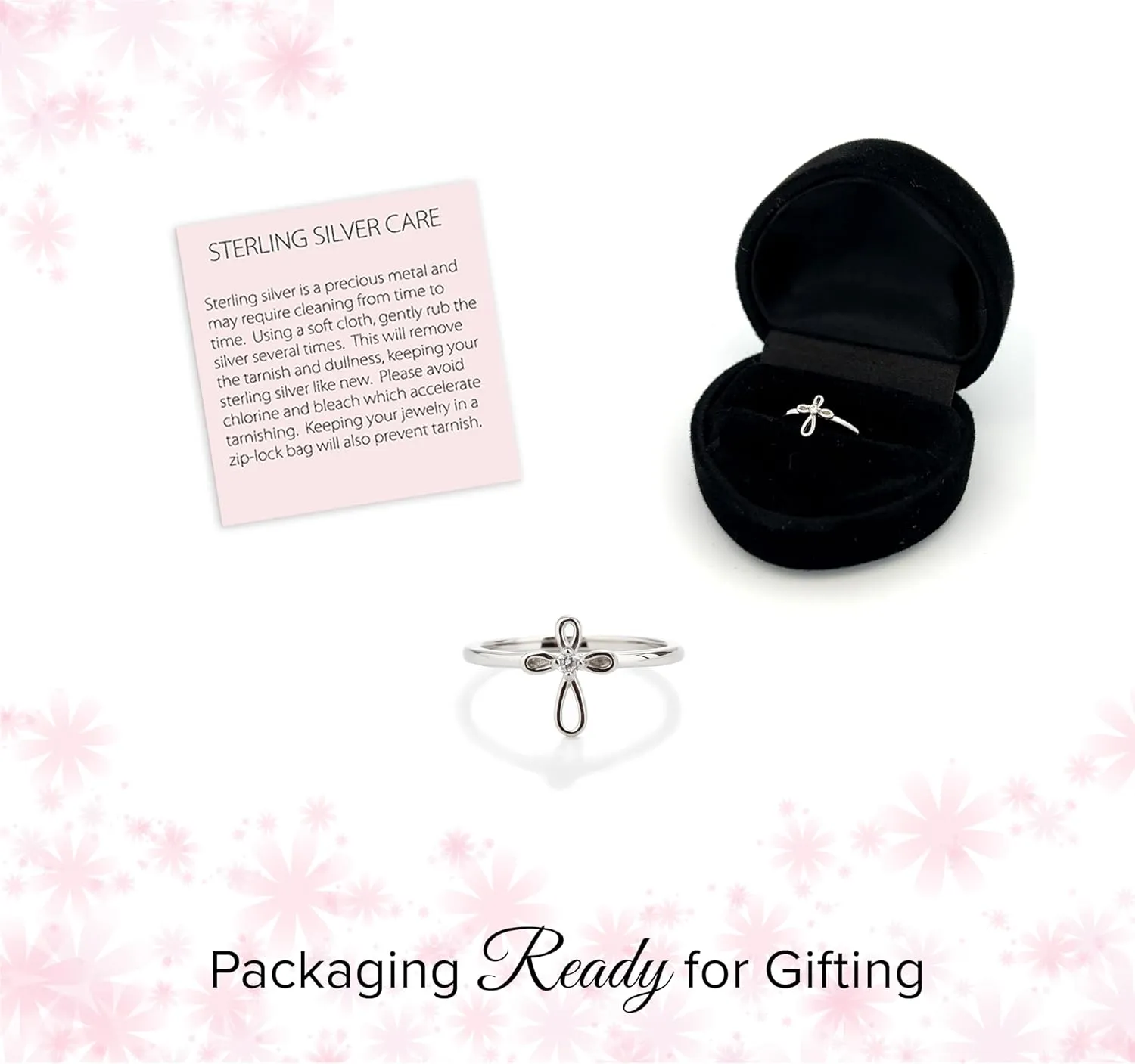Precious Pieces Sterling Silver Baby Ring with Cross for Baptism, Christening, Dedication, First Communion Gift for Babies, Toddlers, Goddaughter, or Little Girls