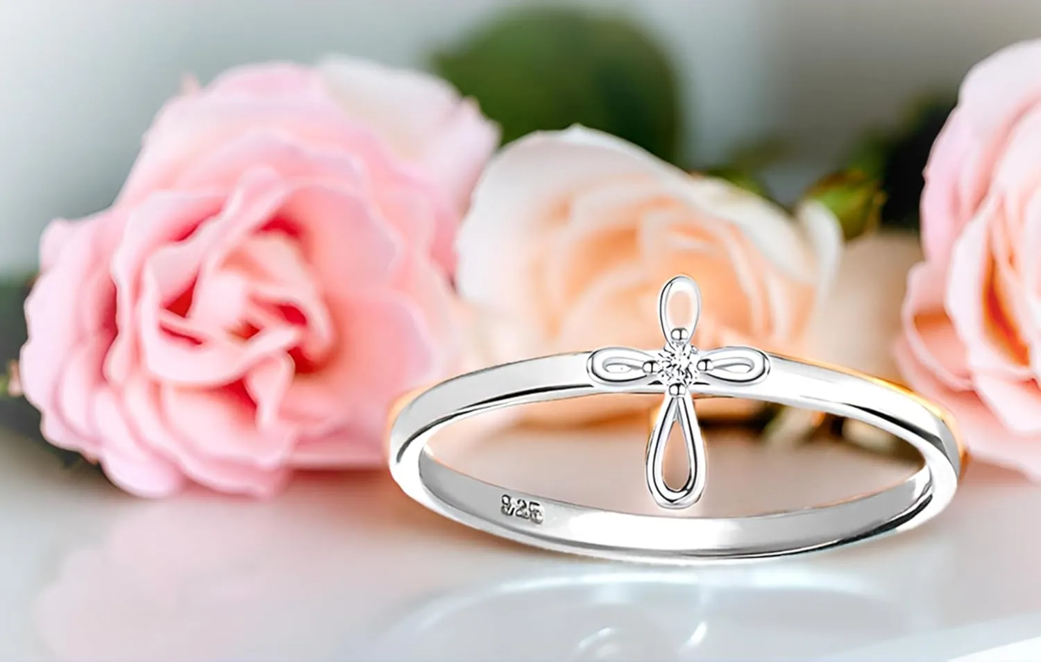 Precious Pieces Sterling Silver Baby Ring with Cross for Baptism, Christening, Dedication, First Communion Gift for Babies, Toddlers, Goddaughter, or Little Girls