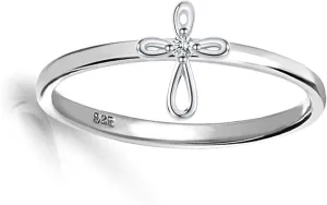 Precious Pieces Sterling Silver Baby Ring with Cross for Baptism, Christening, Dedication, First Communion Gift for Babies, Toddlers, Goddaughter, or Little Girls