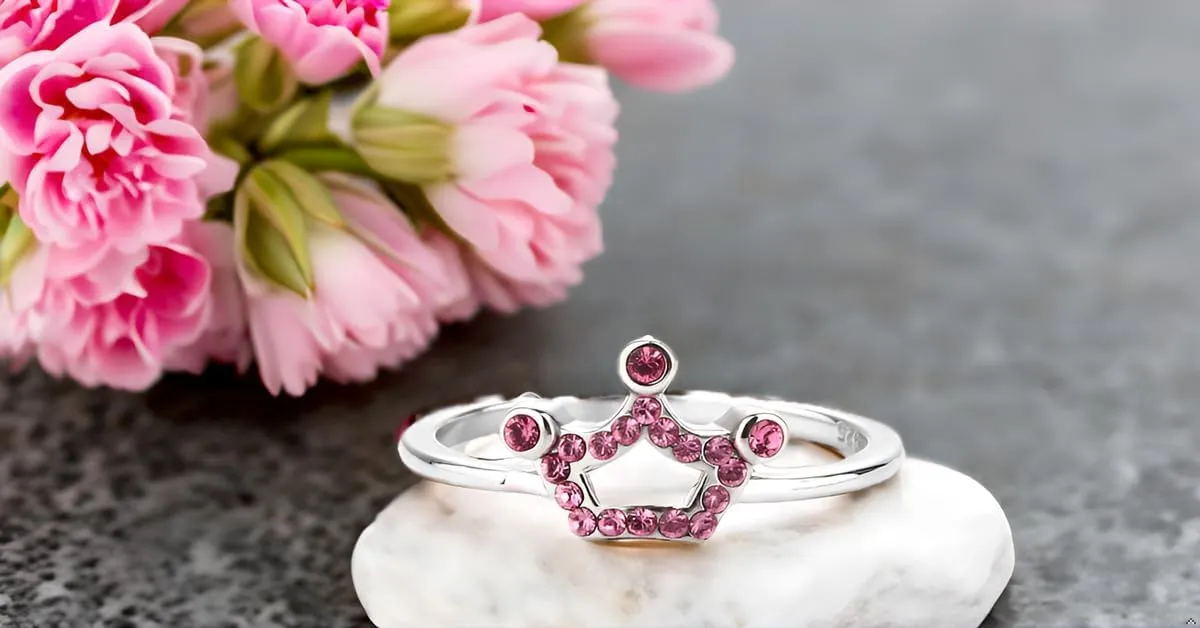 Precious Pieces Sterling Silver Princess Tiara Ring with Pink Crystals for Little Girls and Toddlers