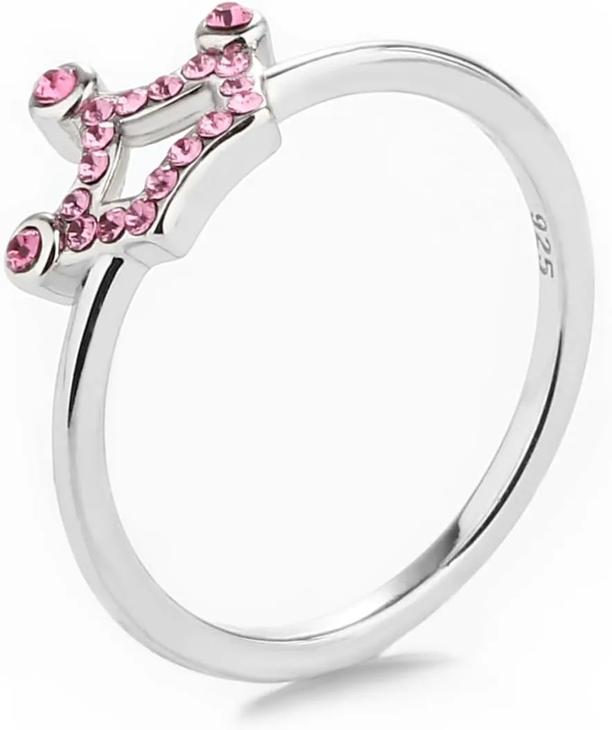 Precious Pieces Sterling Silver Princess Tiara Ring with Pink Crystals for Little Girls and Toddlers