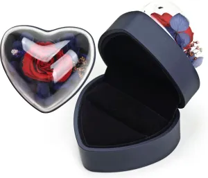 Preserved Flower Rose Ring Box, Heart Shape Velvet Jewelry Box for Valentine's Day Mother's Day Wedding Anniversary Birthday Gift, Dark Blue