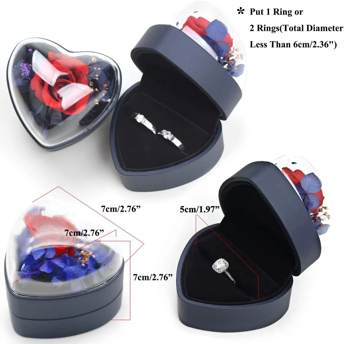 Preserved Flower Rose Ring Box, Heart Shape Velvet Jewelry Box for Valentine's Day Mother's Day Wedding Anniversary Birthday Gift, Dark Blue