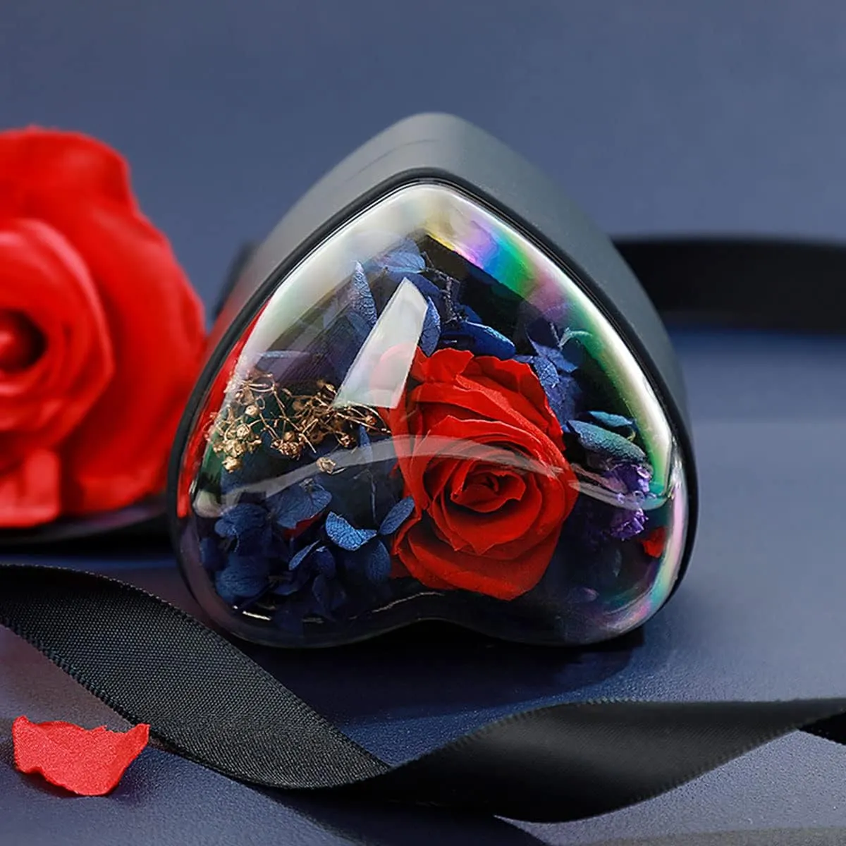 Preserved Flower Rose Ring Box, Heart Shape Velvet Jewelry Box for Valentine's Day Mother's Day Wedding Anniversary Birthday Gift, Dark Blue