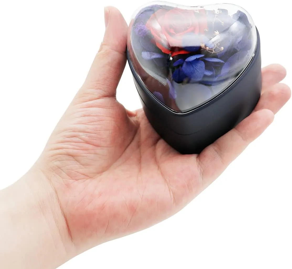 Preserved Flower Rose Ring Box, Heart Shape Velvet Jewelry Box for Valentine's Day Mother's Day Wedding Anniversary Birthday Gift, Dark Blue