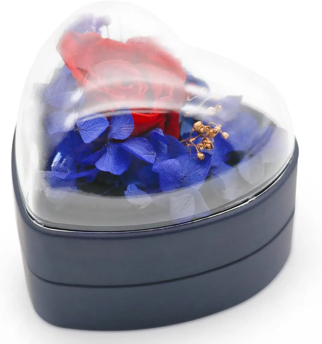 Preserved Flower Rose Ring Box, Heart Shape Velvet Jewelry Box for Valentine's Day Mother's Day Wedding Anniversary Birthday Gift, Dark Blue