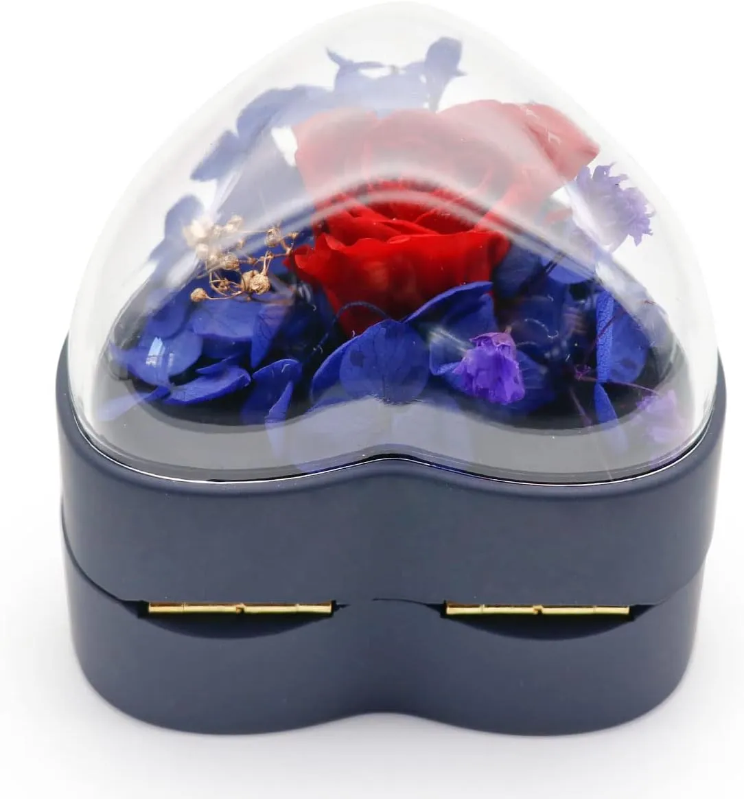 Preserved Flower Rose Ring Box, Heart Shape Velvet Jewelry Box for Valentine's Day Mother's Day Wedding Anniversary Birthday Gift, Dark Blue