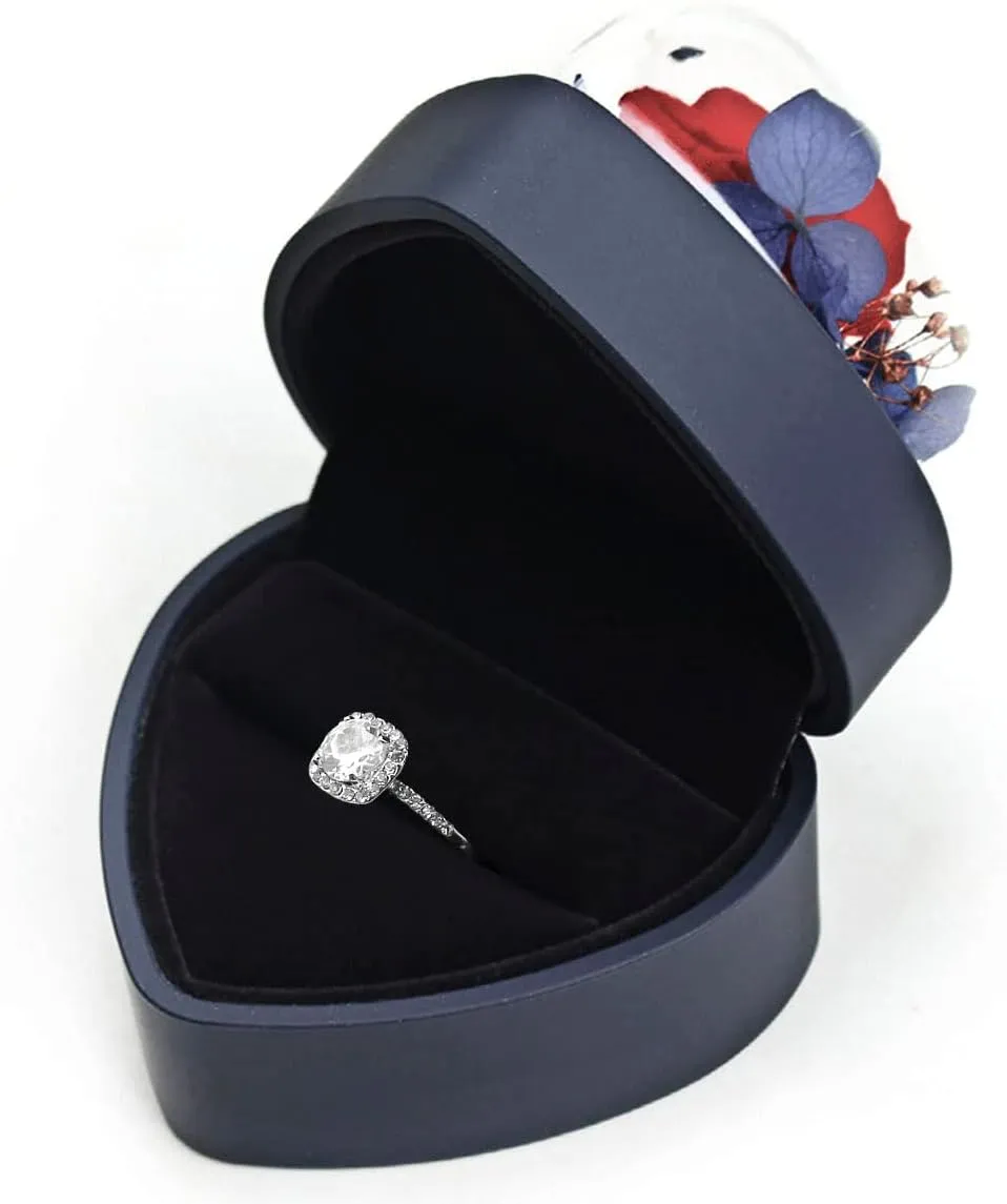 Preserved Flower Rose Ring Box, Heart Shape Velvet Jewelry Box for Valentine's Day Mother's Day Wedding Anniversary Birthday Gift, Dark Blue