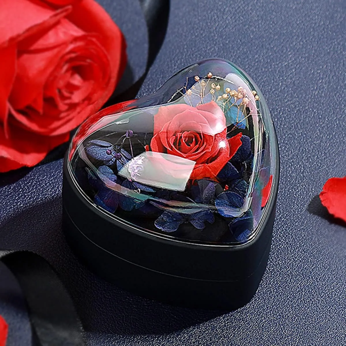 Preserved Flower Rose Ring Box, Heart Shape Velvet Jewelry Box for Valentine's Day Mother's Day Wedding Anniversary Birthday Gift, Dark Blue