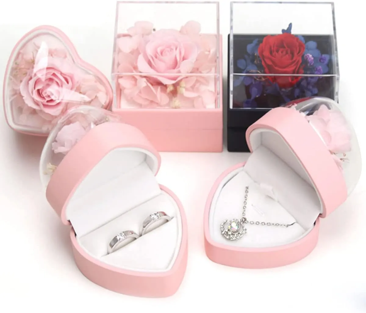Preserved Flower Rose Ring Box, Heart Shape Velvet Jewelry Box for Valentine's Day Mother's Day Wedding Anniversary Birthday Gift, Pink