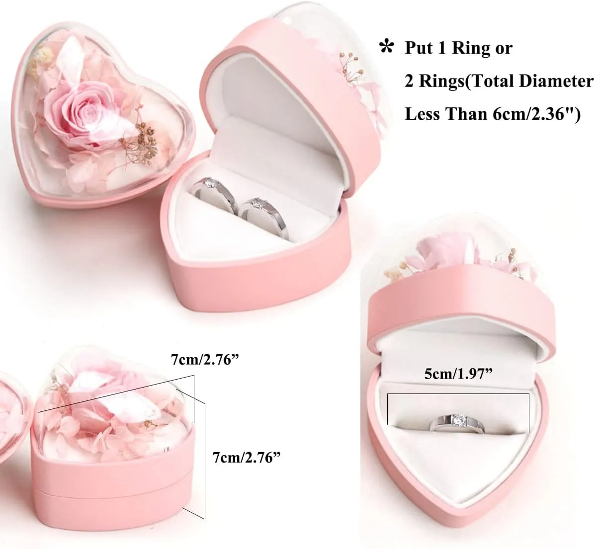 Preserved Flower Rose Ring Box, Heart Shape Velvet Jewelry Box for Valentine's Day Mother's Day Wedding Anniversary Birthday Gift, Pink