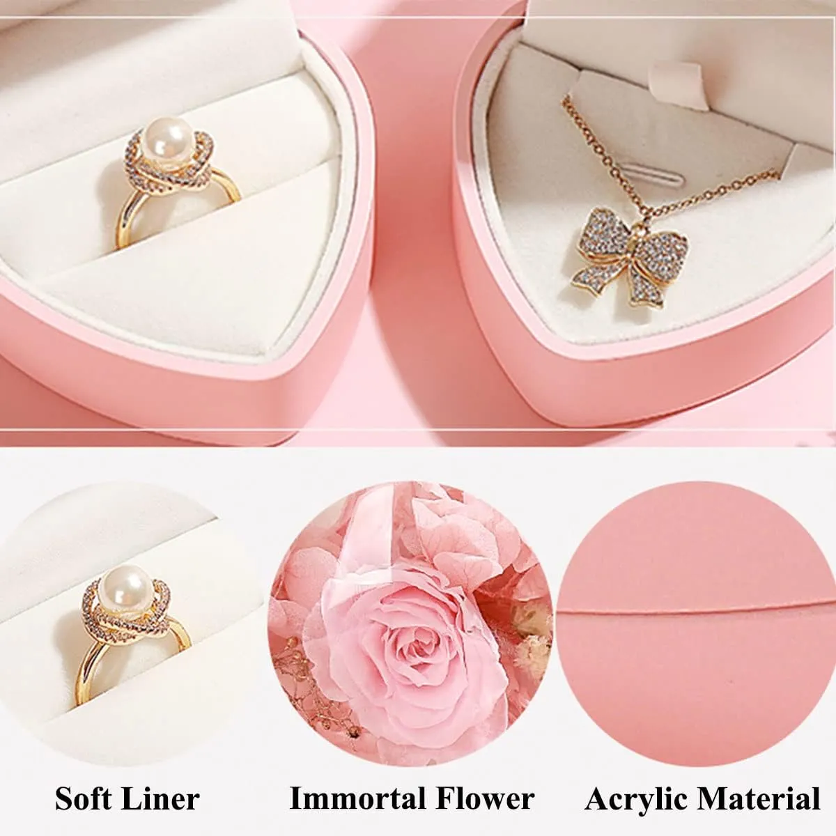Preserved Flower Rose Ring Box, Heart Shape Velvet Jewelry Box for Valentine's Day Mother's Day Wedding Anniversary Birthday Gift, Pink