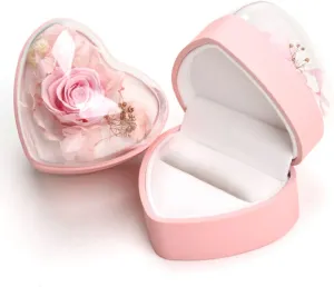 Preserved Flower Rose Ring Box, Heart Shape Velvet Jewelry Box for Valentine's Day Mother's Day Wedding Anniversary Birthday Gift, Pink