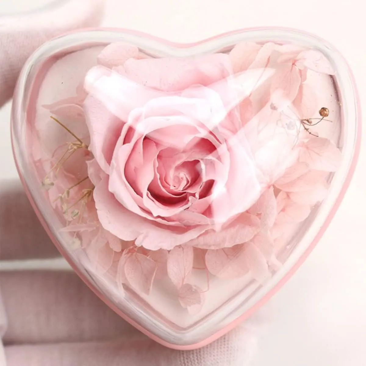 Preserved Flower Rose Ring Box, Heart Shape Velvet Jewelry Box for Valentine's Day Mother's Day Wedding Anniversary Birthday Gift, Pink
